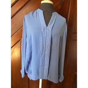 Chicos Periwinkle Blue Pleated Back Blouse Tenni Sequin Trim Size 2 L